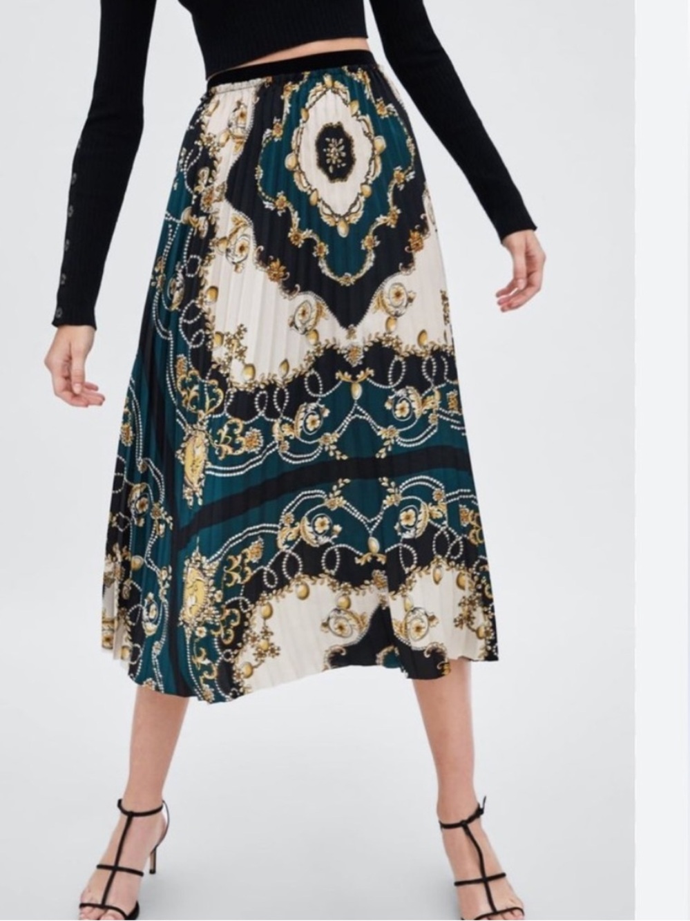 ZARA Green Black Scarf Print Pleated Skirt NWT